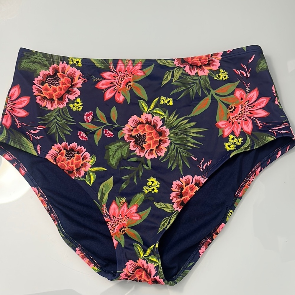 Shade & Shore Navy Floral High-Waist Bikini Bottoms